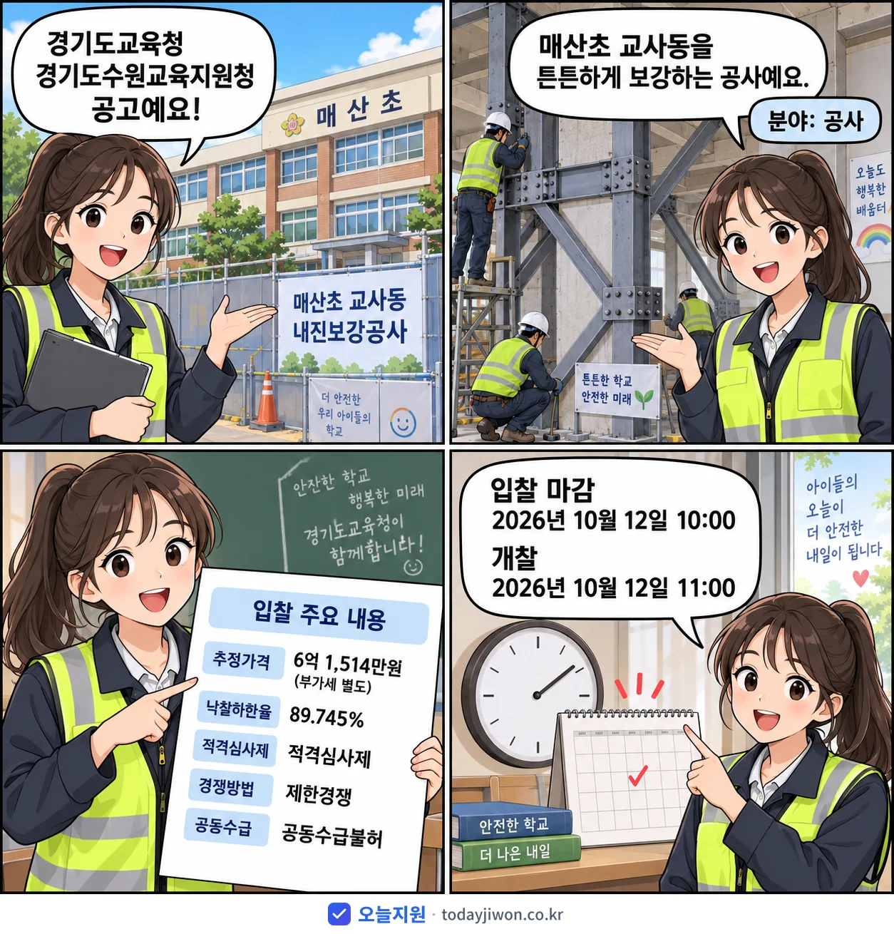 4컷 만화로 보는 공고: 경기도교육청 경기도수원교육지원청 '매산초 교사동 내진보강공사', 추정가격 6억 1,514만원, 입찰 마감 10/12 10:00