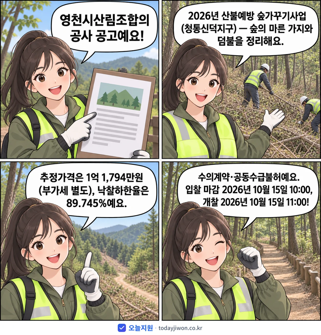 4컷 만화로 보는 공고: 영천시산림조합 '산불예방 숲가꾸기사업(청통신덕지구)', 추정가격 1억 1,794만원, 입찰 마감 10/15 10:00
