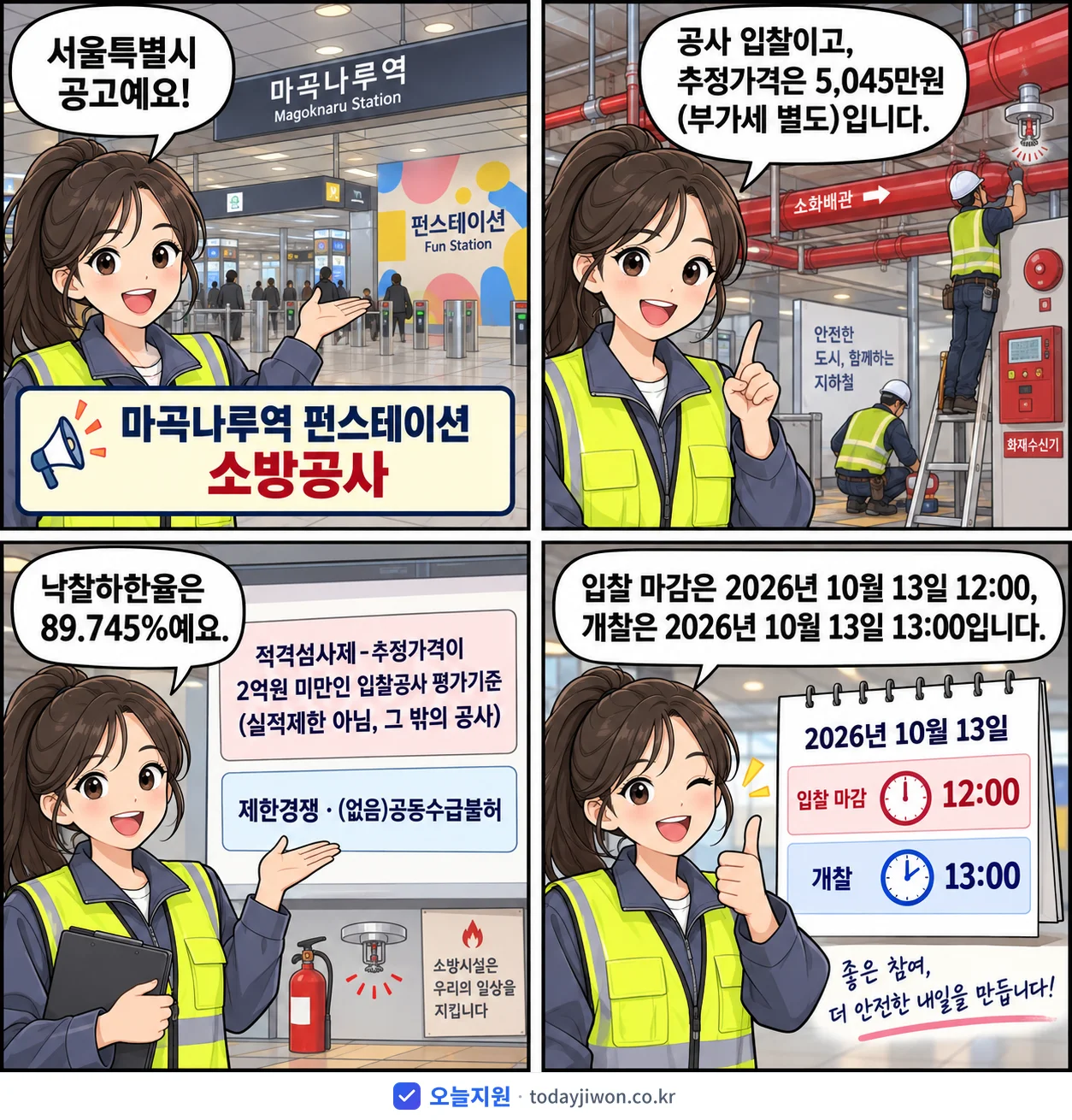 4컷 만화로 보는 공고: 서울특별시 '마곡나루역 펀스테이션 소방공사', 추정가격 5,045만원, 입찰 마감 10/13 12:00