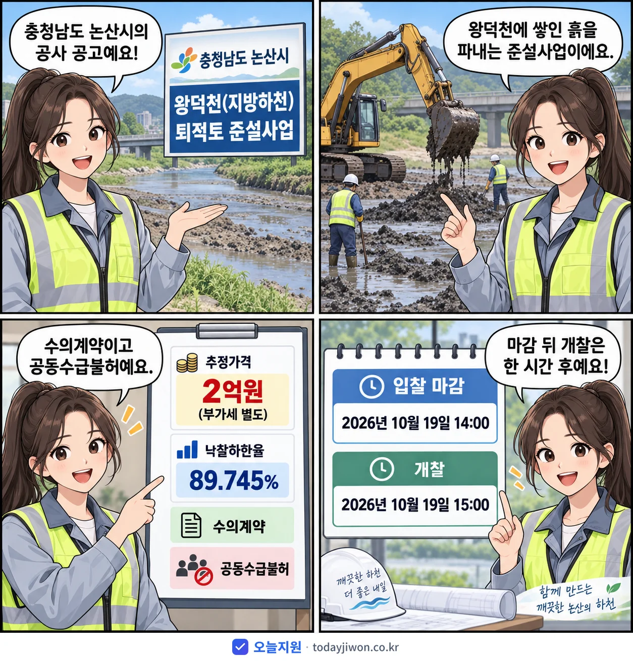 4컷 만화로 보는 공고: 충청남도 논산시 '왕덕천(지방하천) 퇴적토 준설사업', 추정가격 2억원, 입찰 마감 10/19 14:00