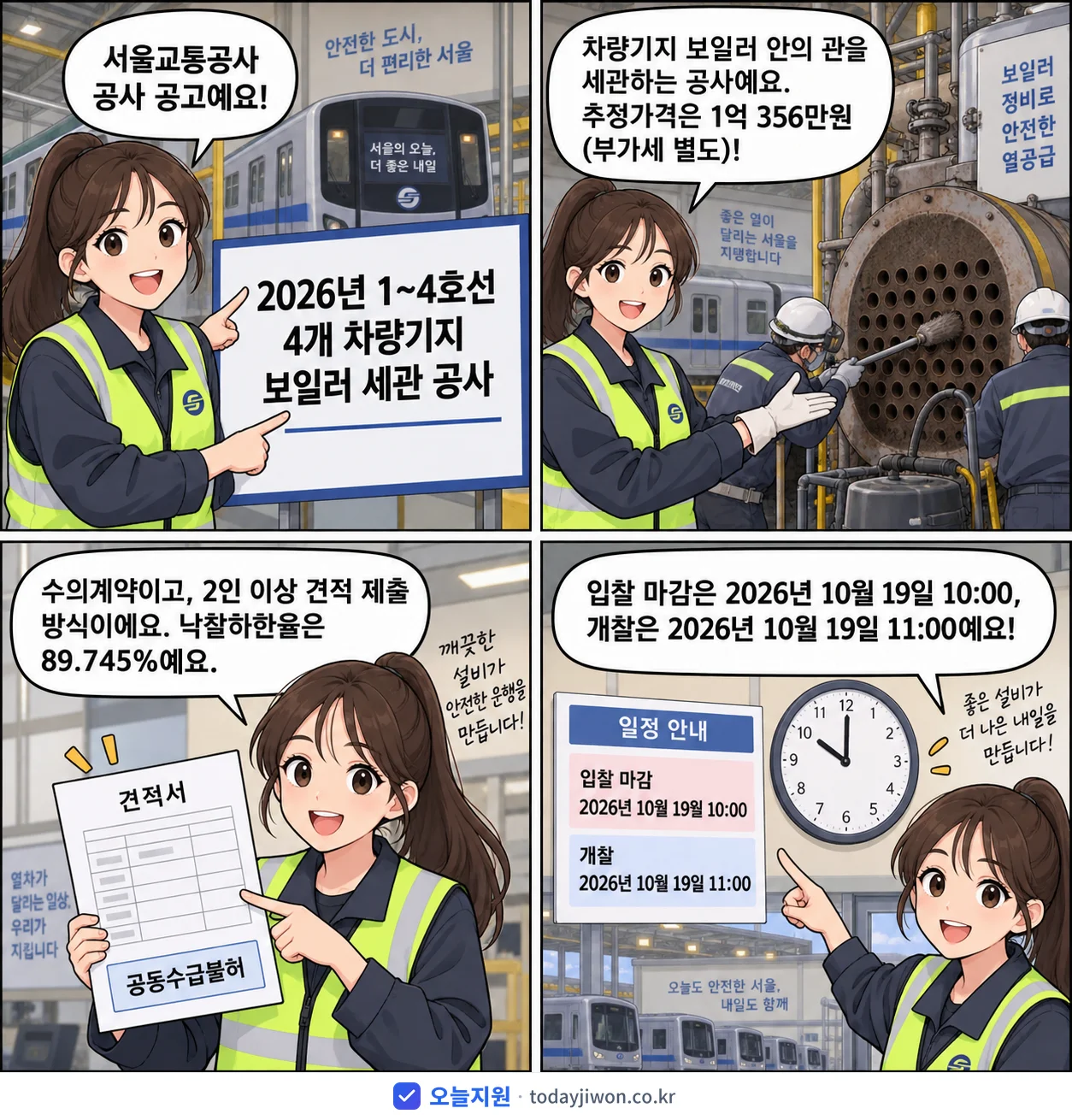 4컷 만화로 보는 공고: 서울교통공사 '1~4호선 4개 차량기지 보일러 세관 공사', 추정가격 1억 356만원, 입찰 마감 10/19 10:00