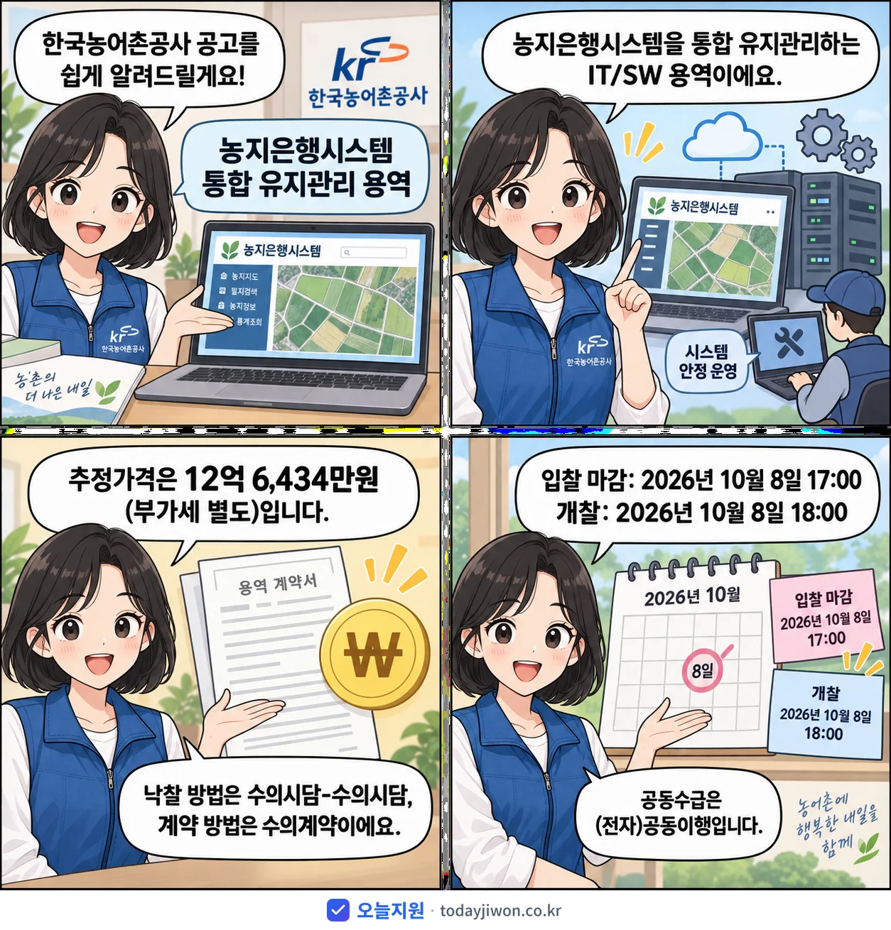 4컷 만화로 보는 공고: 한국농어촌공사 '농지은행시스템 통합 유지관리 용역', 추정가격 12억 6,434만원, 입찰 마감 10/8 17:00