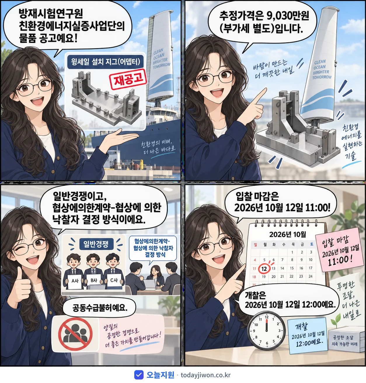 4컷 만화로 보는 공고: 방재시험연구원 친환경에너지실증사업단 '윙세일 설치 지그(어뎁터)', 추정가격 9,030만원, 입찰 마감 10/12 11:00