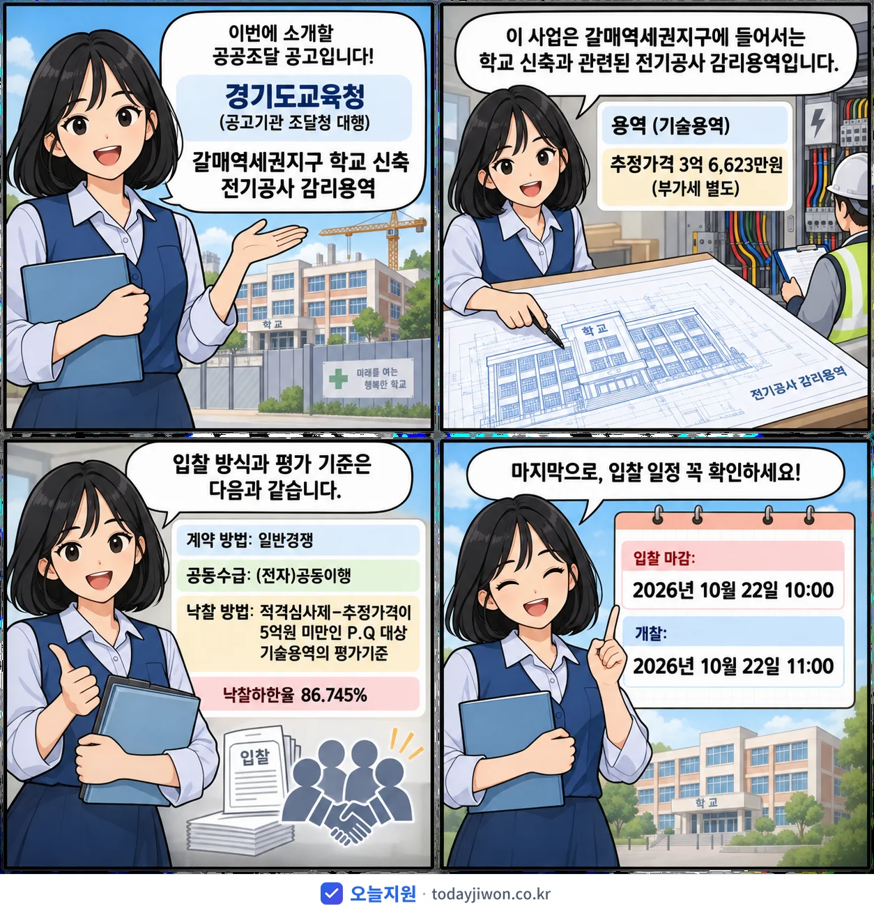 4컷 만화로 보는 공고: 경기도교육청 '갈매역세권지구 학교 신축 전기공사 감리용역', 추정가격 3억 6,623만원, 입찰 마감 10/22 10:00