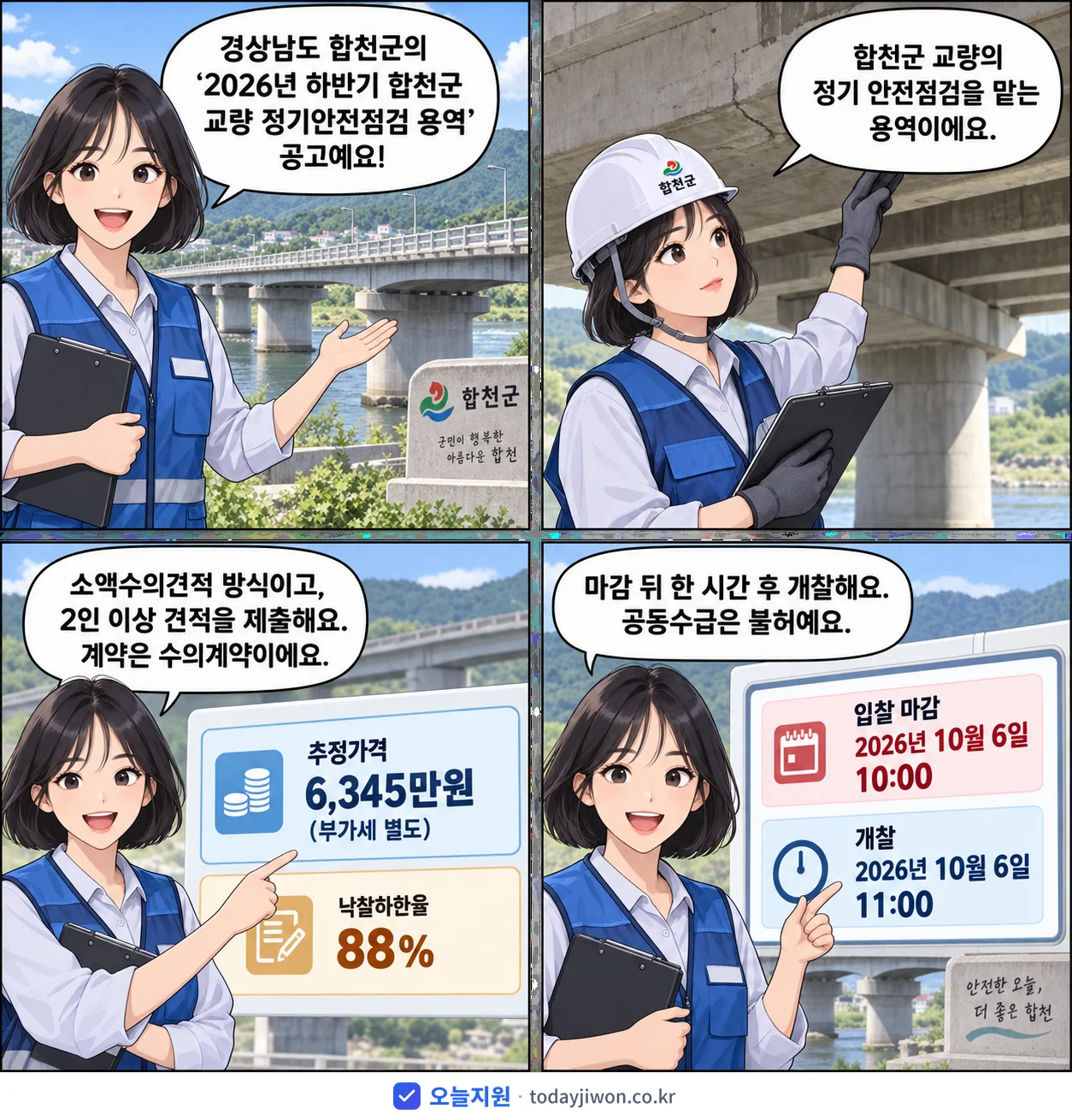 4컷 만화로 보는 공고: 경상남도 합천군 '하반기 합천군 교량 정기안전점검 용역', 추정가격 6,345만원, 입찰 마감 10/6 10:00