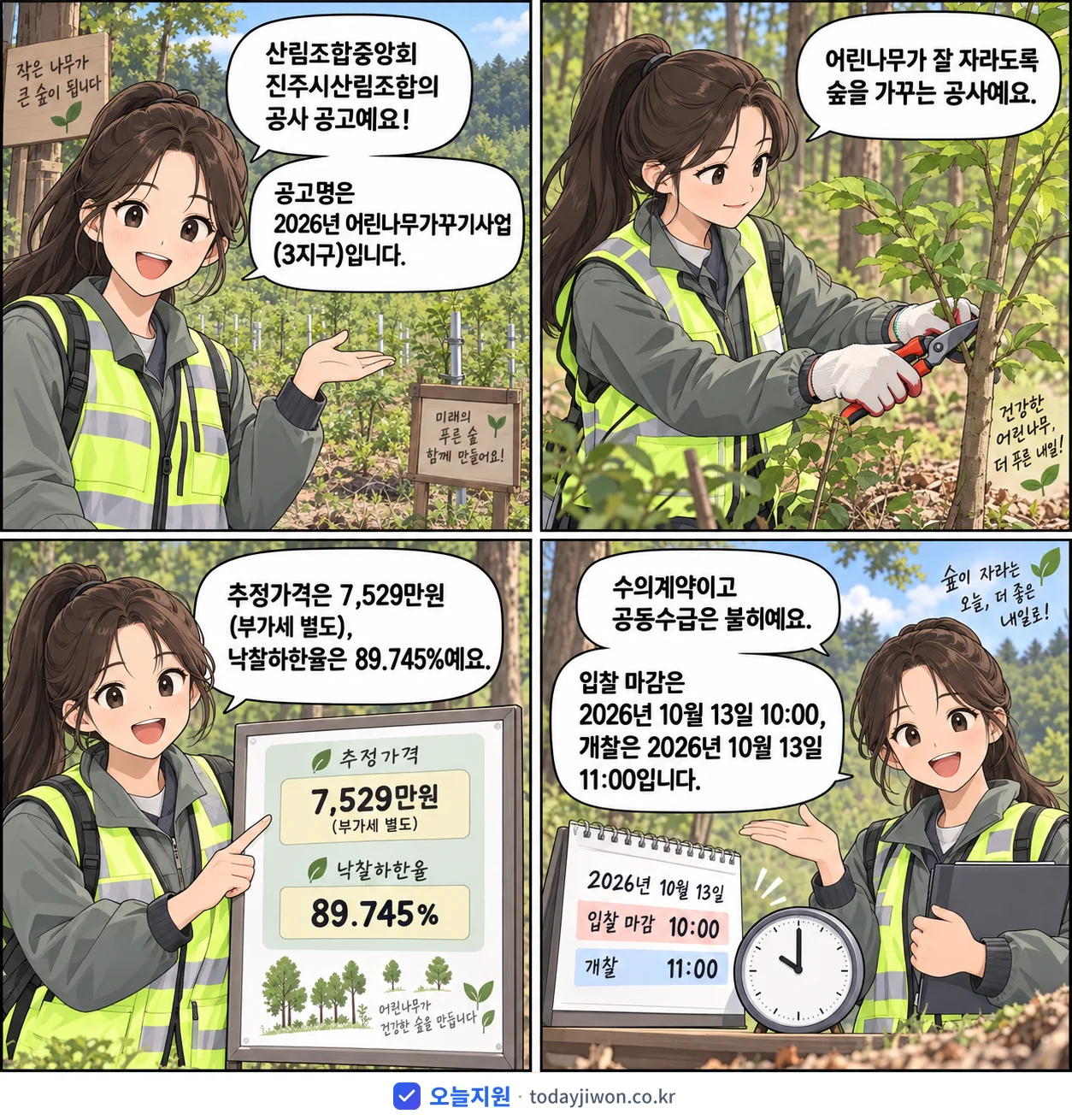 4컷 만화로 보는 공고: 산림조합중앙회 진주시산림조합 '어린나무가꾸기사업(3지구)', 추정가격 7,529만원, 입찰 마감 10/13 10:00
