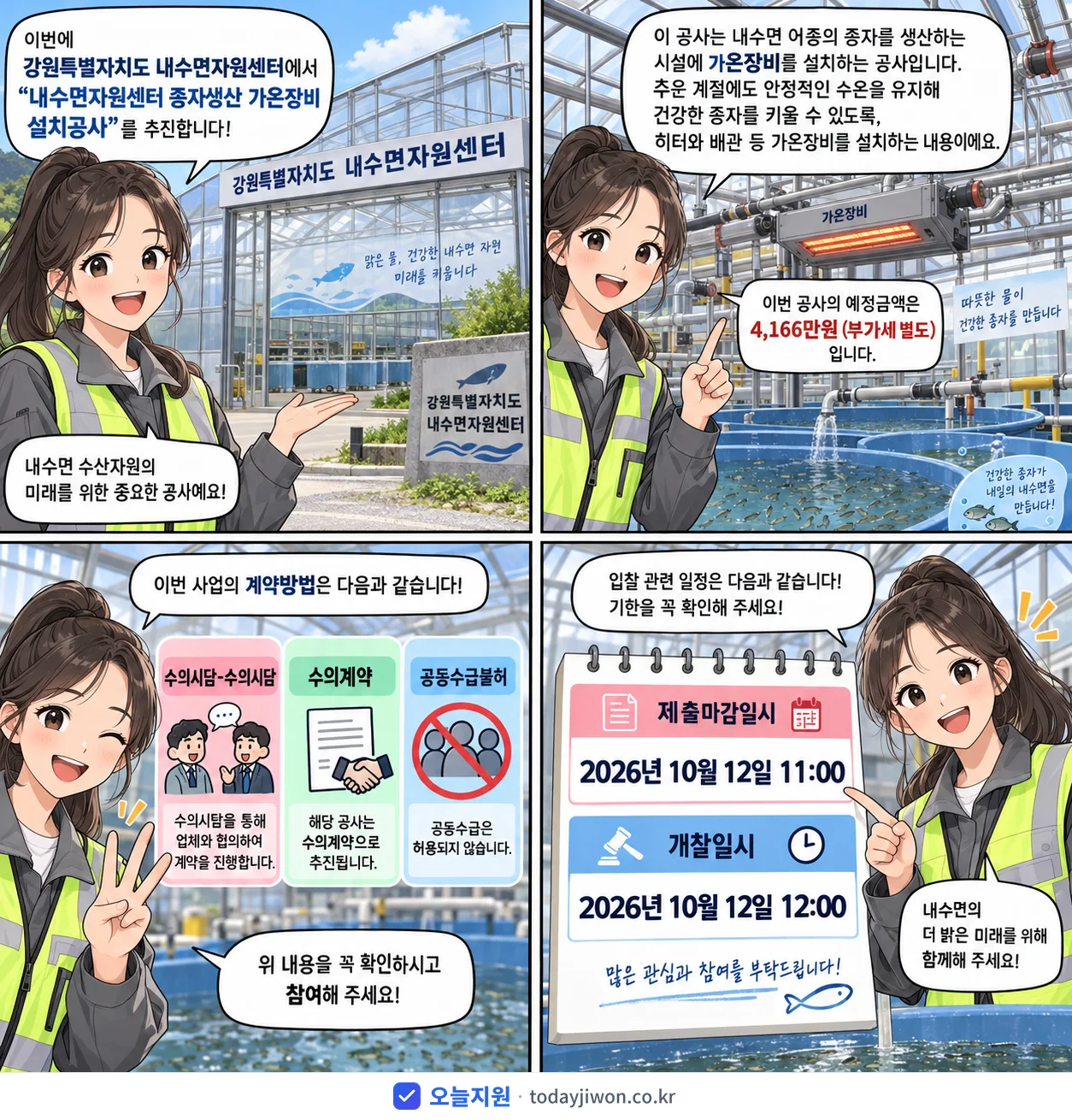 4컷 만화로 보는 공고: 강원특별자치도 내수면자원센터 '내수면자원센터 종자생산 가온장비 설치공사', 추정가격 4,166만원, 입찰 마감 10/12 11:00