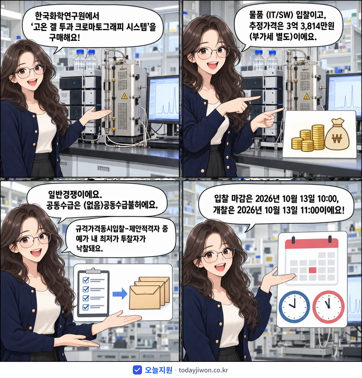 4컷 만화로 보는 공고: 한국화학연구원 '고온 겔 투과 크로마토그래피 시스템', 추정가격 3억 3,814만원, 입찰 마감 10/13 10:00