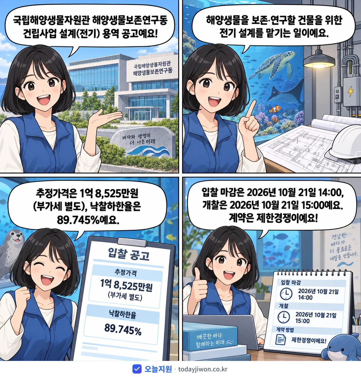 4컷 만화로 보는 공고: 국립해양생물자원관 '국립해양생물자원관 해양생물보존연구동 건립사업 설계(전기)', 추정가격 1억 8,525만원, 입찰 마감 10/21 14:00