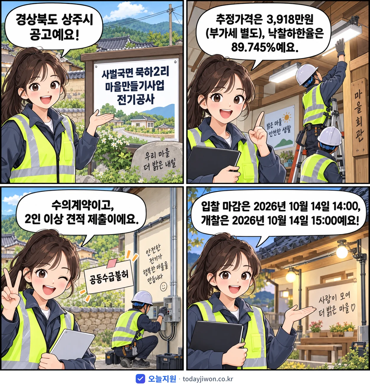 4컷 만화로 보는 공고: 경상북도 상주시 '사벌국면 묵하2리 마을만들기사업 전기공사', 추정가격 3,918만원, 입찰 마감 10/14 14:00