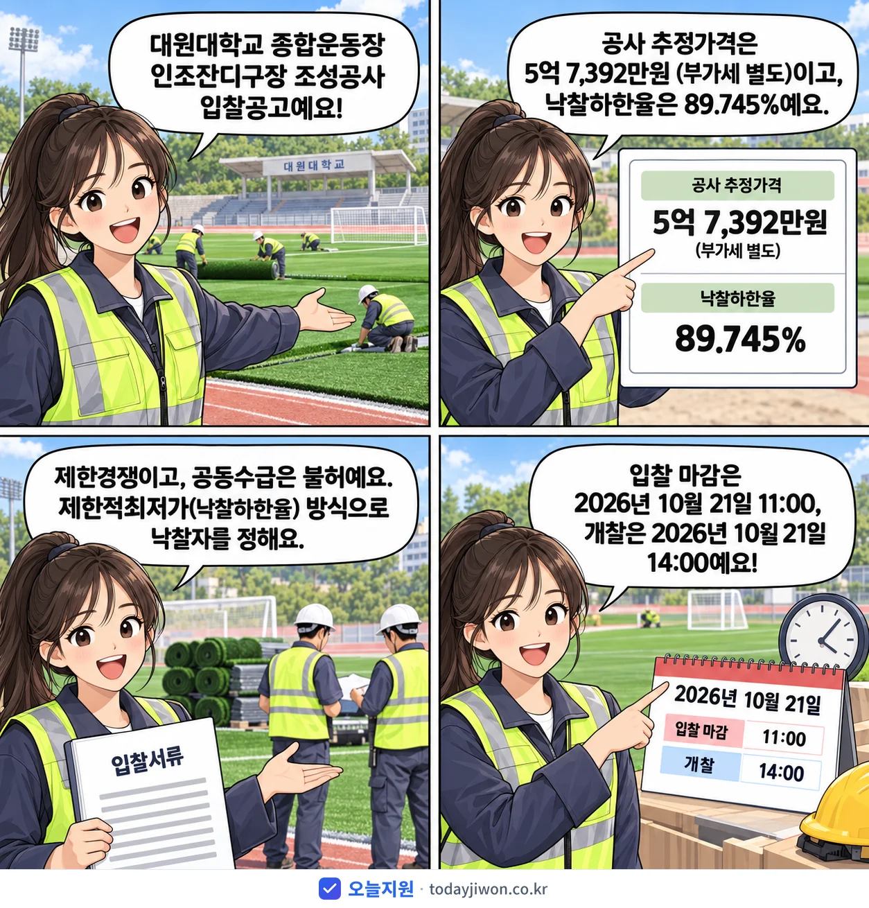 4컷 만화로 보는 공고: 대원대학교 '대원대학교 종합운동장 인조잔디구장 조성공사 입찰공고', 추정가격 5억 7,392만원, 입찰 마감 10/21 11:00
