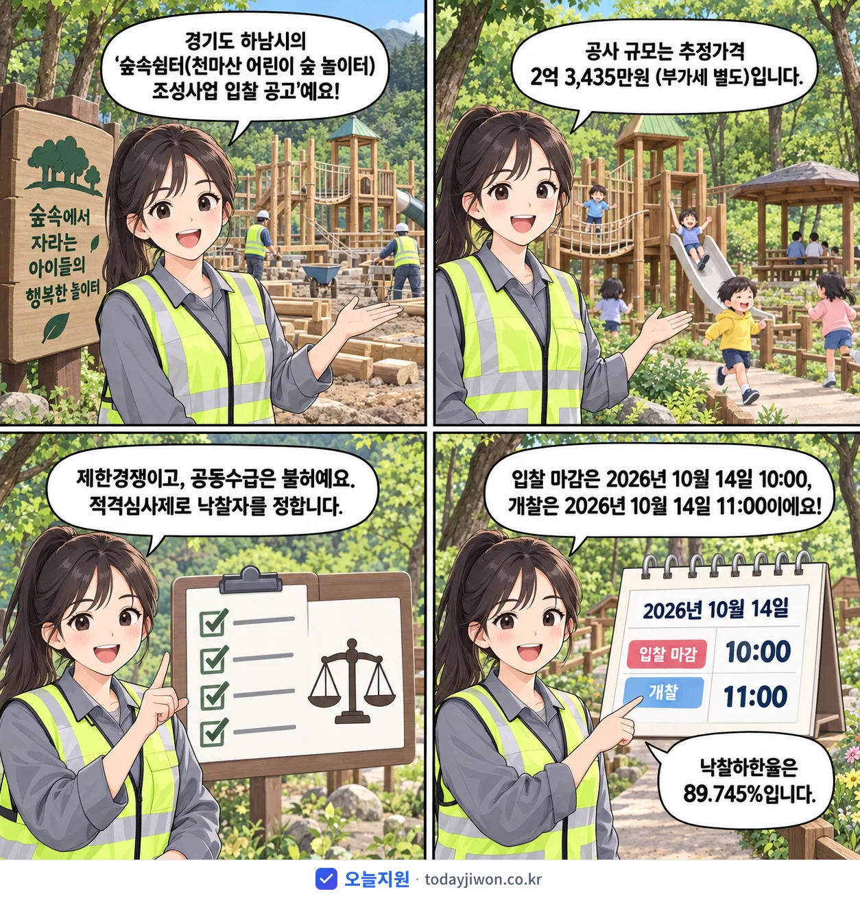 4컷 만화로 보는 공고: 경기도 하남시 '숲속쉼터(천마산 어린이 숲 놀이터) 조성사업 입찰 공고', 추정가격 2억 3,435만원, 입찰 마감 10/14 10:00
