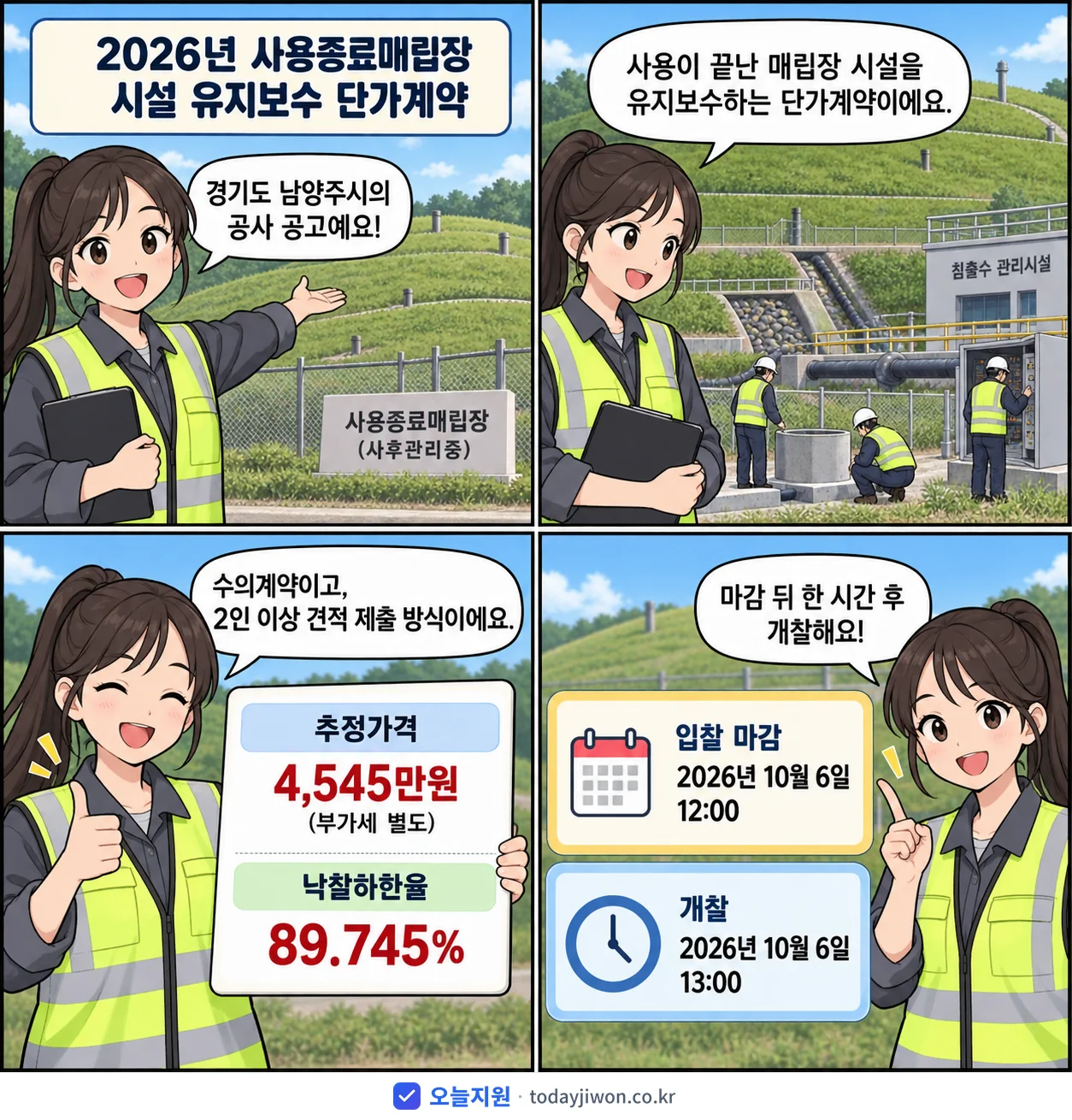 4컷 만화로 보는 공고: 경기도 남양주시 '사용종료매립장 시설 유지보수 단가계약', 추정가격 4,545만원, 입찰 마감 10/6 12:00