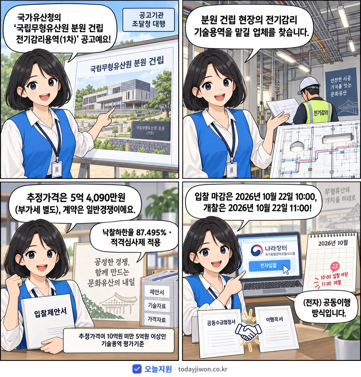 4컷 만화로 보는 공고: 국가유산청 '국립무형유산원 분원 건립 전기감리용역(1차)', 추정가격 5억 4,090만원, 입찰 마감 10/22 10:00