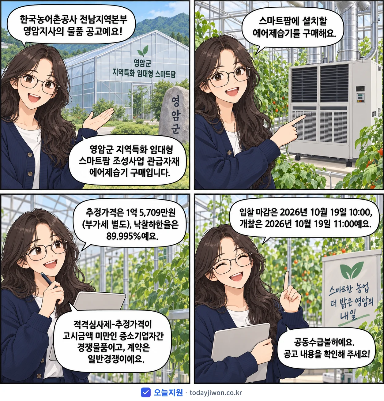4컷 만화로 보는 공고: 한국농어촌공사 전남지역본부 영암지사 '영암군 지역특화 임대형 스마트팜 조성사업 관급자재 에어제습기 구매', 추정가격 1억 5,709만원, 입찰 마감 10/19 10:00