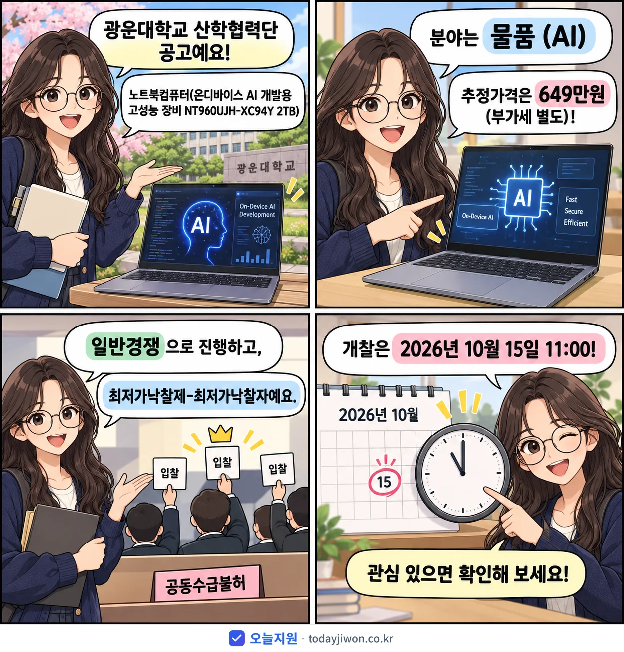 4컷 만화로 보는 공고: 광운대학교 산학협력단 '노트북컴퓨터(온디바이스 AI 개발용 고성능 장비 NT960UJH-XC9…', 추정가격 649만원