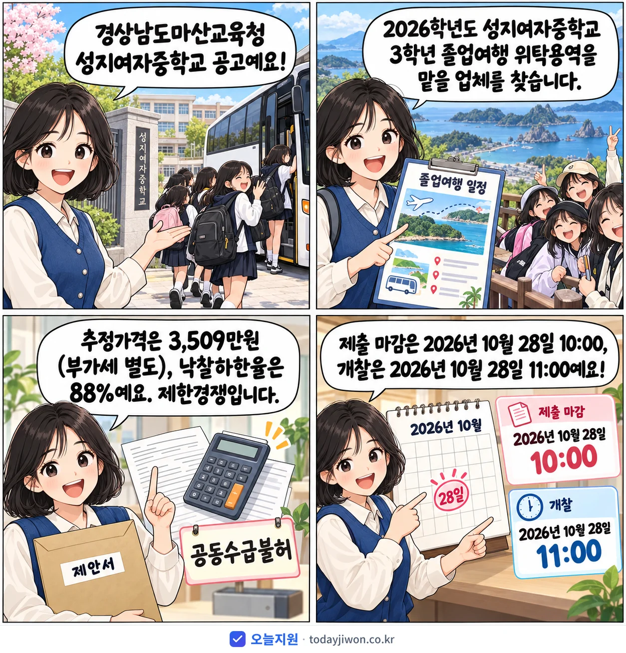 4컷 만화로 보는 공고: 경상남도마산교육청 성지여자중학교 '학년도 성지여자중학교 3학년 졸업여행 위탁용역 수의계약 견적제출 안내…', 추정가격 3,509만원, 입찰 마감 10/28 10:00