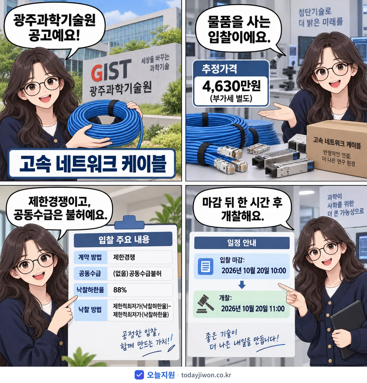 4컷 만화로 보는 공고: 광주과학기술원 '고속 네트워크 케이블', 추정가격 4,630만원, 입찰 마감 10/20 10:00