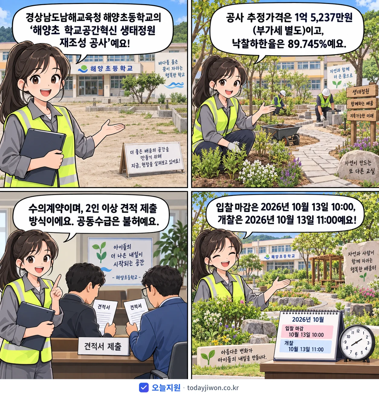 4컷 만화로 보는 공고: 경상남도남해교육청 해양초등학교 '해양초 학교공간혁신 생태정원 재조성 공사', 추정가격 1억 5,237만원, 입찰 마감 10/13 10:00