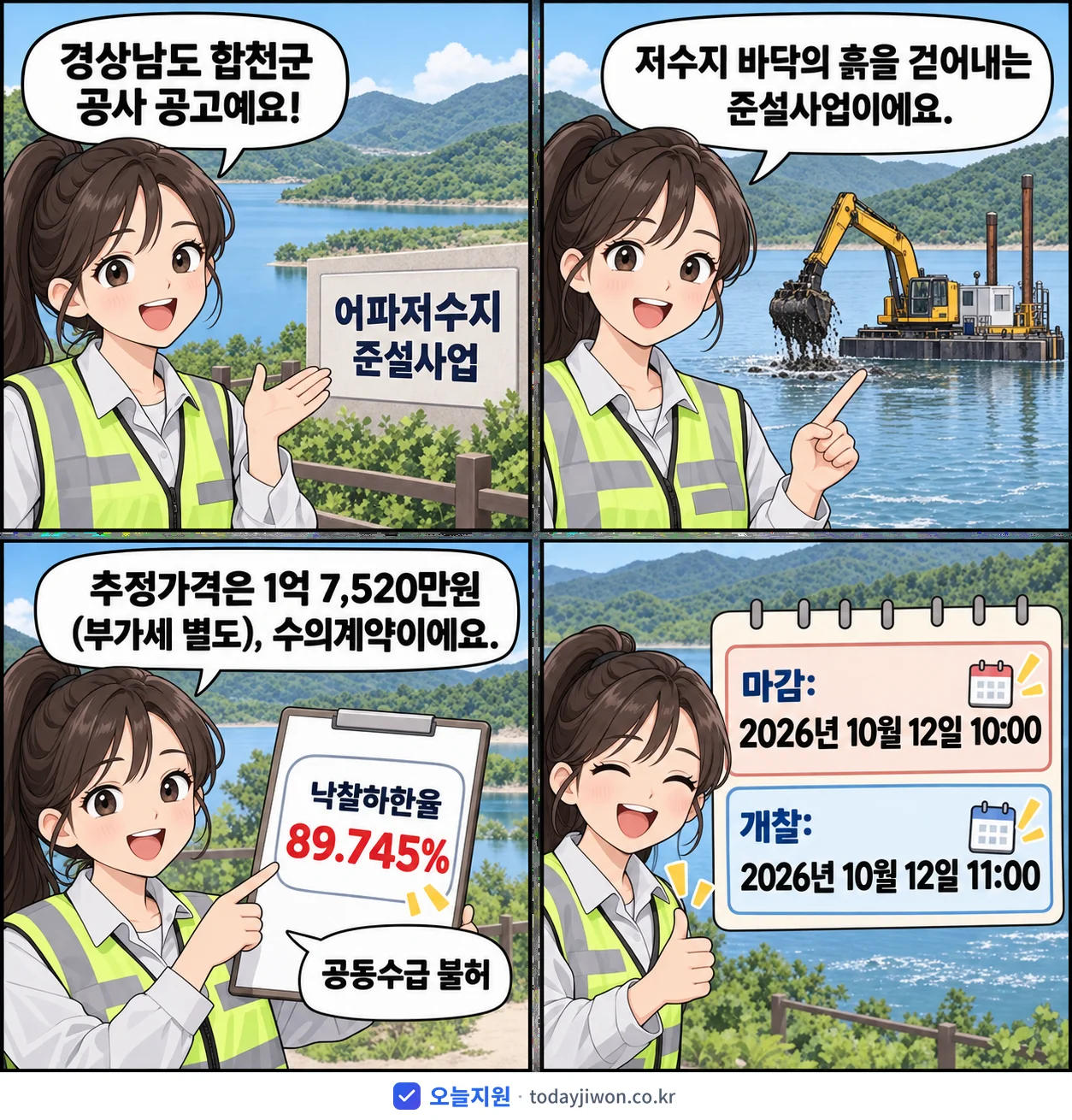 4컷 만화로 보는 공고: 경상남도 합천군 '어파저수지 준설사업', 추정가격 1억 7,520만원, 입찰 마감 10/12 10:00