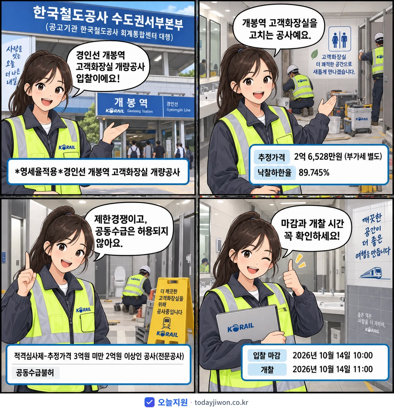 4컷 만화로 보는 공고: 한국철도공사 수도권서부본부 '*영세율적용*경인선 개봉역 고객화장실 개량공사', 추정가격 2억 6,528만원, 입찰 마감 10/14 10:00