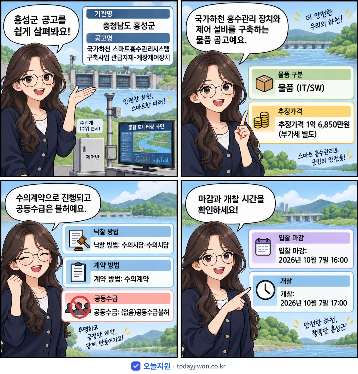 4컷 만화로 보는 공고: 충청남도 홍성군 '국가하천 스마트홍수관리시스템 구축사업 관급자재-계장제어장치', 추정가격 1억 6,850만원, 입찰 마감 10/7 16:00