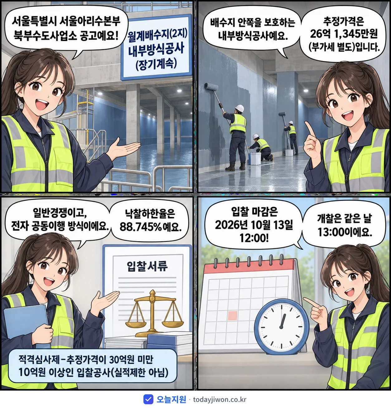 4컷 만화로 보는 공고: 서울특별시 서울아리수본부 북부수도사업소 '월계배수지(2지) 내부방식공사 (장기계속)', 추정가격 26억 1,345만원, 입찰 마감 10/13 12:00