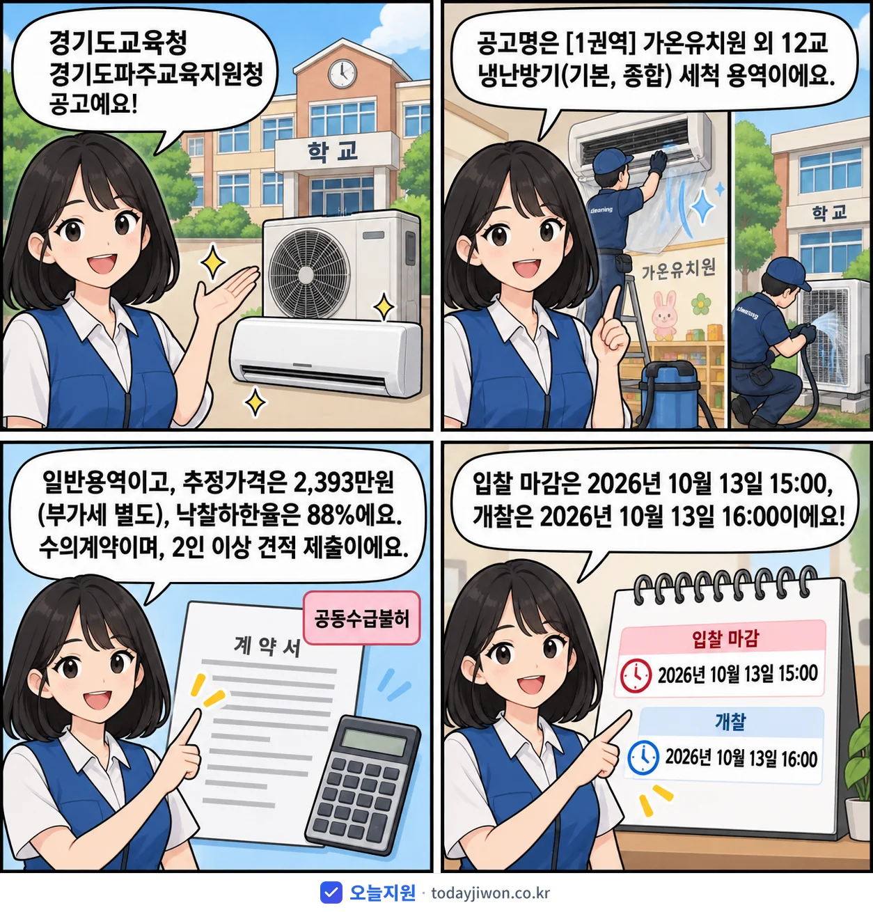 4컷 만화로 보는 공고: 경기도교육청 경기도파주교육지원청 '가온유치원 외 12교 냉난방기(기본, 종합) 세척 용역', 추정가격 2,393만원, 입찰 마감 10/13 15:00