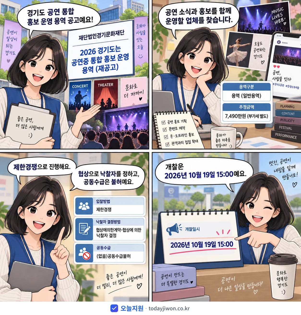 4컷 만화로 보는 공고: 재단법인경기문화재단 '경기도는 공연중 통합 홍보 운영 용역', 추정가격 7,490만원