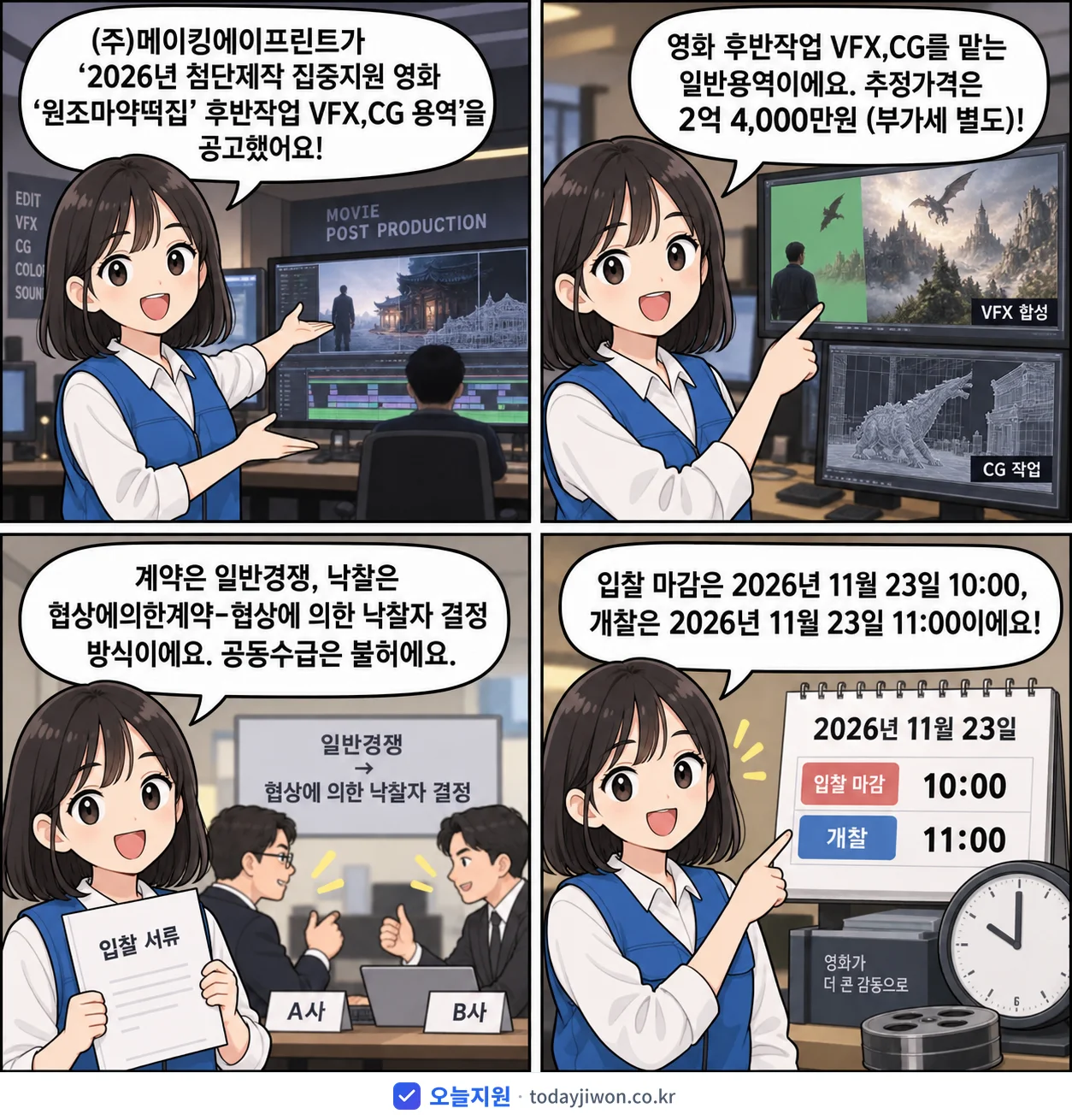 4컷 만화로 보는 공고: (주)메이킹에이프린트 '첨단제작 집중지원 영화 ‘원조마약떡집’ 후반작업 VFX,CG 용역', 추정가격 2억 4,000만원, 입찰 마감 11/23 10:00