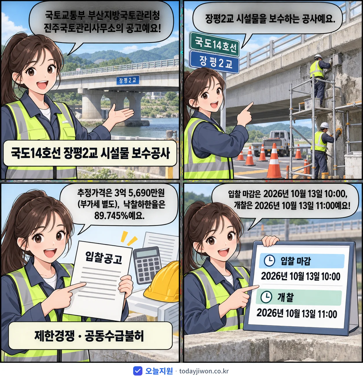4컷 만화로 보는 공고: 국토교통부 부산지방국토관리청 진주국토관리사무소 '국도14호선 장평2교 시설물 보수공사', 추정가격 3억 5,690만원, 입찰 마감 10/13 10:00