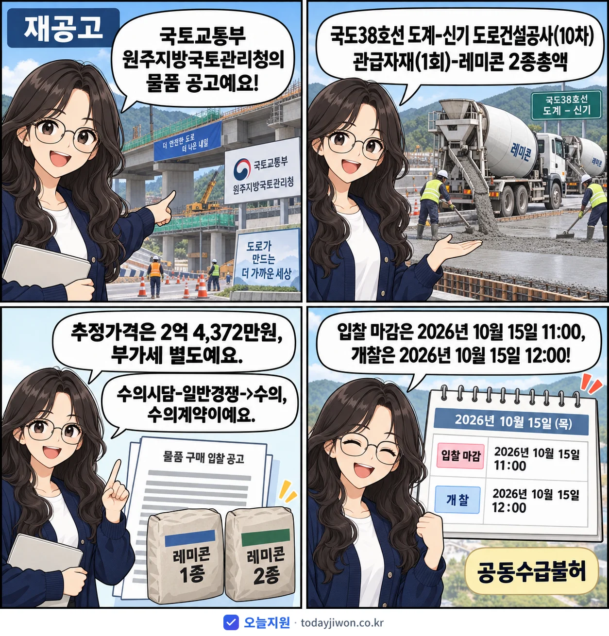 4컷 만화로 보는 공고: 국토교통부 원주지방국토관리청 '국도38호선 도계-신기 도로건설공사(10차) 관급자재(1회)-레미콘 2…', 추정가격 2억 4,372만원, 입찰 마감 10/15 11:00