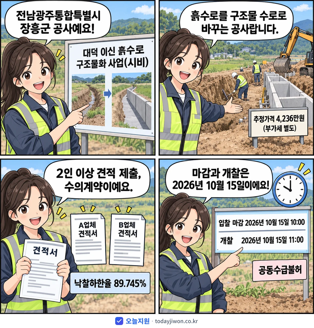 4컷 만화로 보는 공고: 전남광주통합특별시 장흥군 '대덕 이신 흙수로 구조물화 사업(시비)', 추정가격 4,236만원, 입찰 마감 10/15 10:00