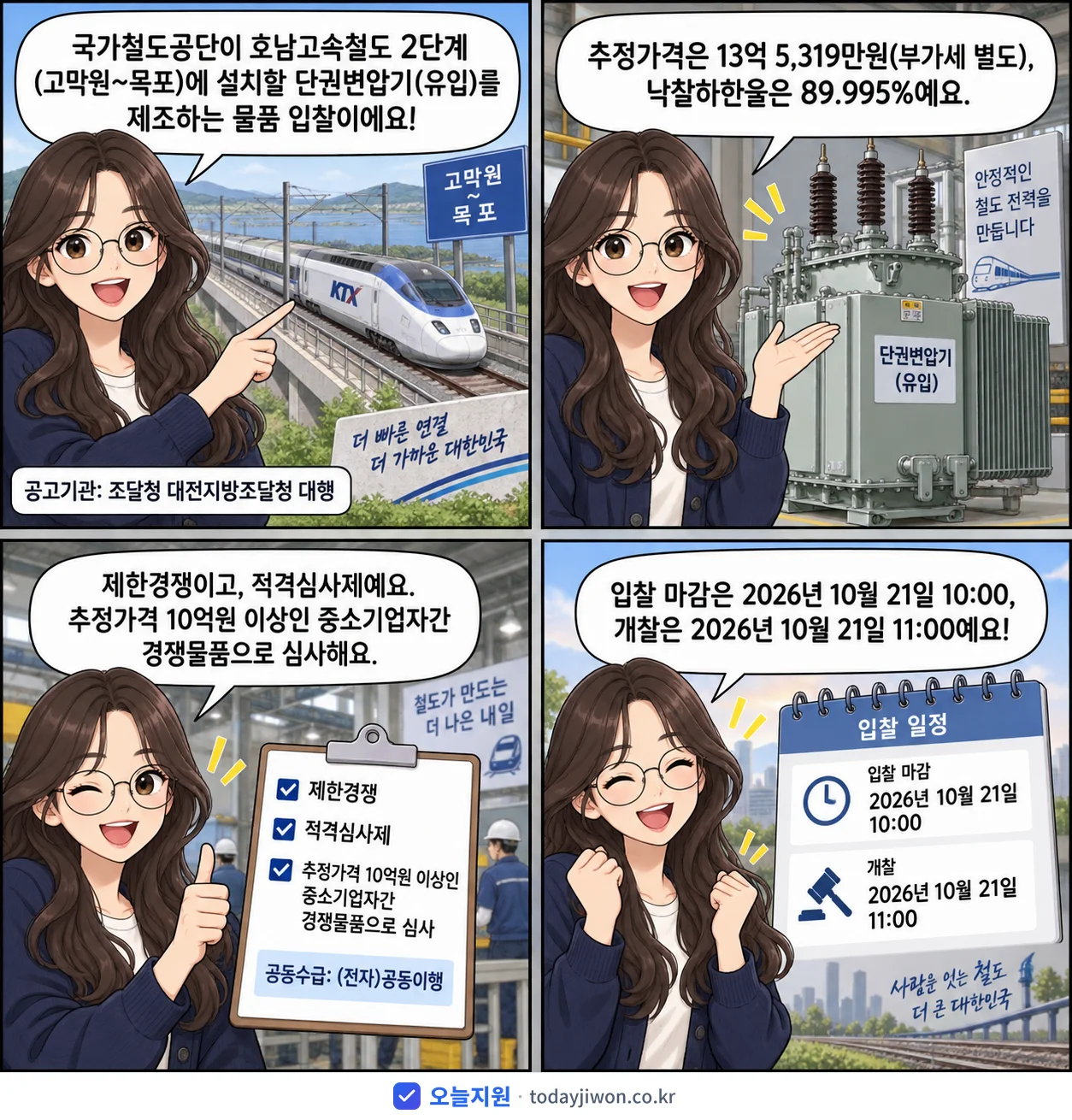 4컷 만화로 보는 공고: 국가철도공단 '호남고속철도 2단계(고막원~목포) 단권변압기(유입) 제조설치', 추정가격 13억 5,319만원, 입찰 마감 10/21 10:00