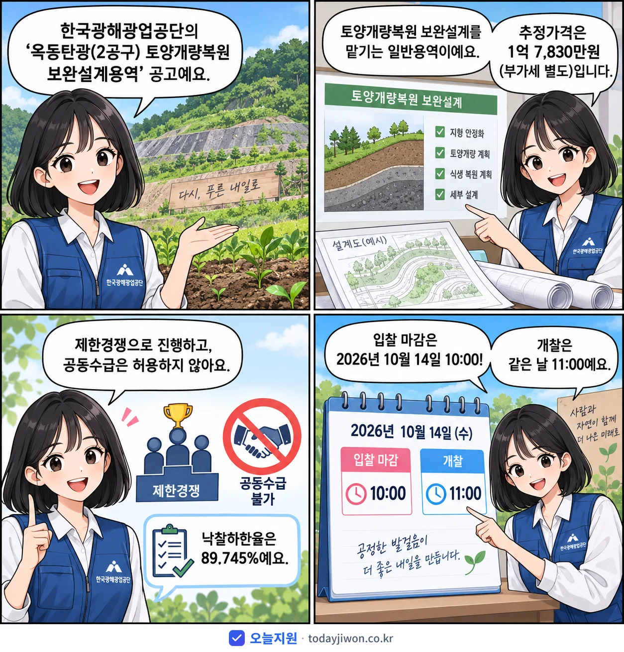 4컷 만화로 보는 공고: 한국광해광업공단 '옥동탄광(2공구) 토양개량복원 보완설계용역', 추정가격 1억 7,830만원, 입찰 마감 10/14 10:00
