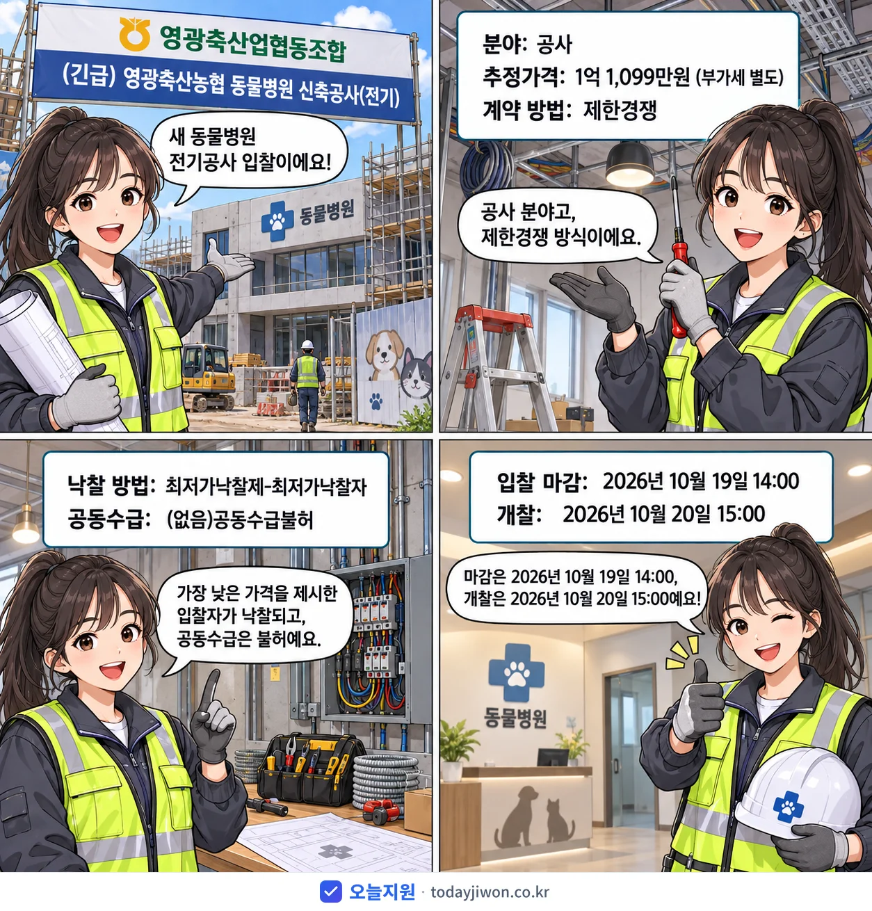 4컷 만화로 보는 공고: 영광축산업협동조합 '영광축산농협 동물병원 신축공사(전기)', 추정가격 1억 1,099만원, 입찰 마감 10/19 14:00