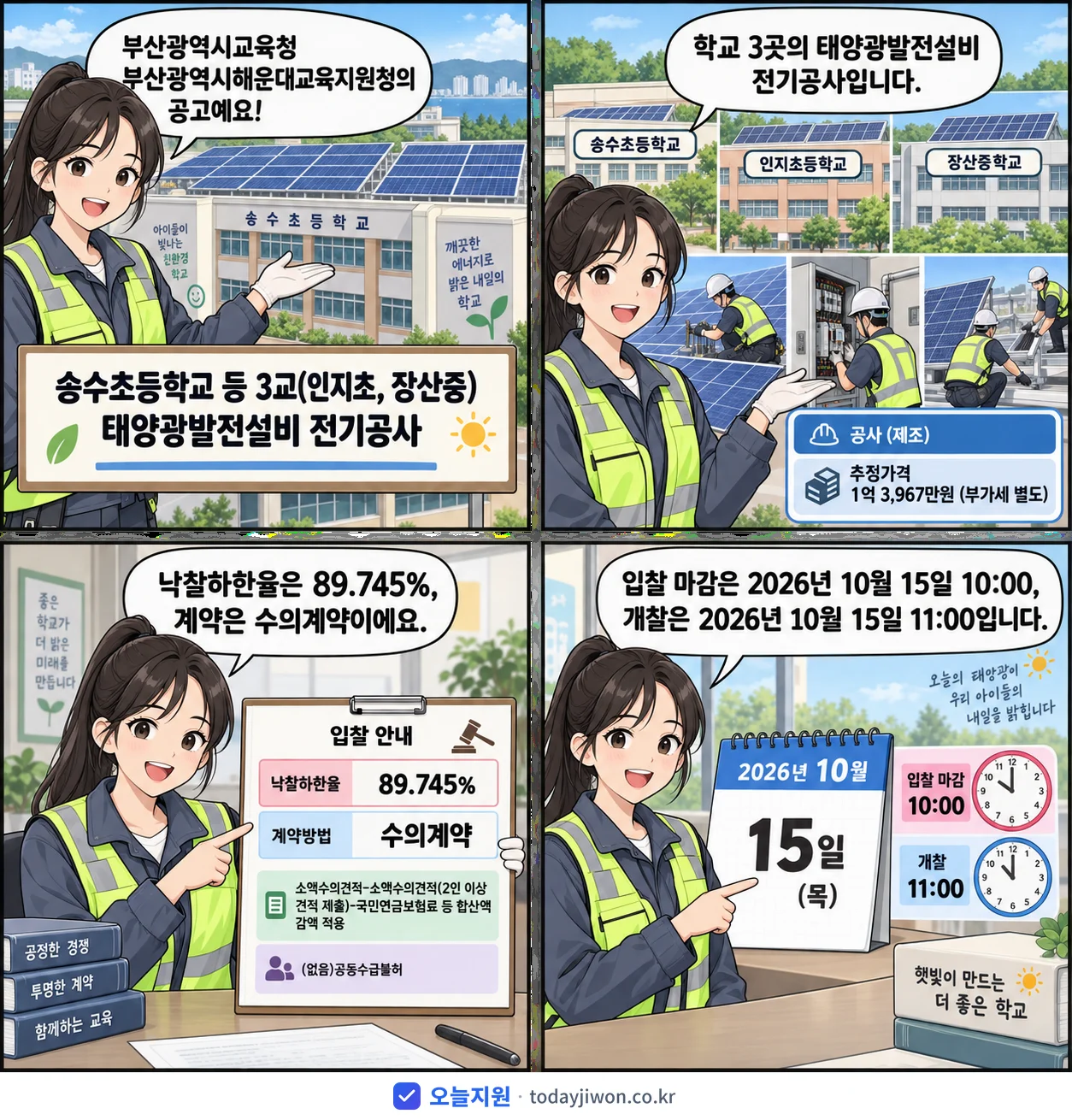 4컷 만화로 보는 공고: 부산광역시교육청 부산광역시해운대교육지원청 '송수초등학교 등 3교(인지초, 장산중) 태양광발전설비 전기공사', 추정가격 1억 3,967만원, 입찰 마감 10/15 10:00