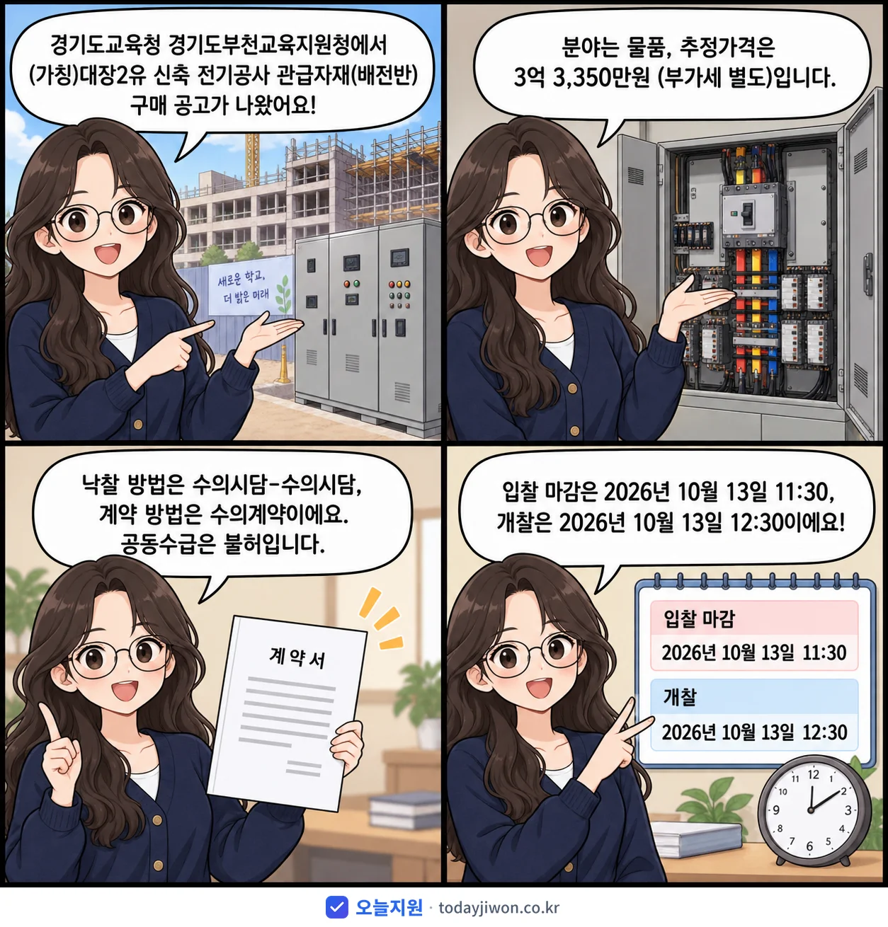 4컷 만화로 보는 공고: 경기도교육청 경기도부천교육지원청 '(가칭)대장2유 신축 전기공사 관급자재(배전반) 구매', 추정가격 3억 3,350만원, 입찰 마감 10/13 11:30