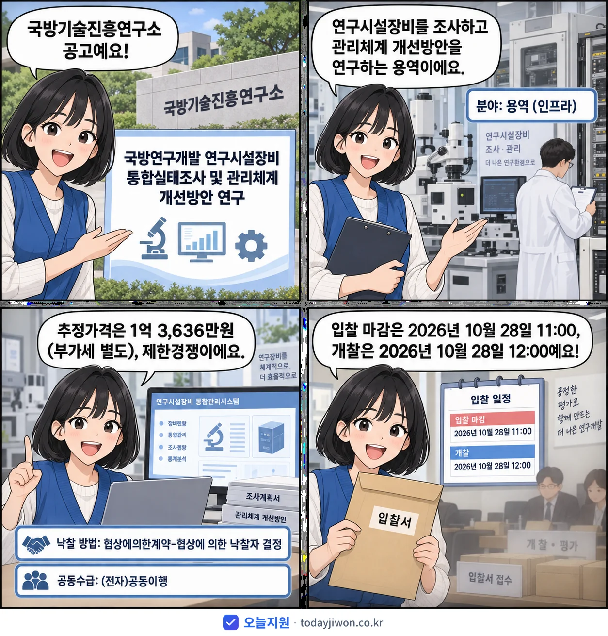 4컷 만화로 보는 공고: 국방기술진흥연구소 '국방연구개발 연구시설장비 통합실태조사 및 관리체계 개선방안 연구', 추정가격 1억 3,636만원, 입찰 마감 10/28 11:00