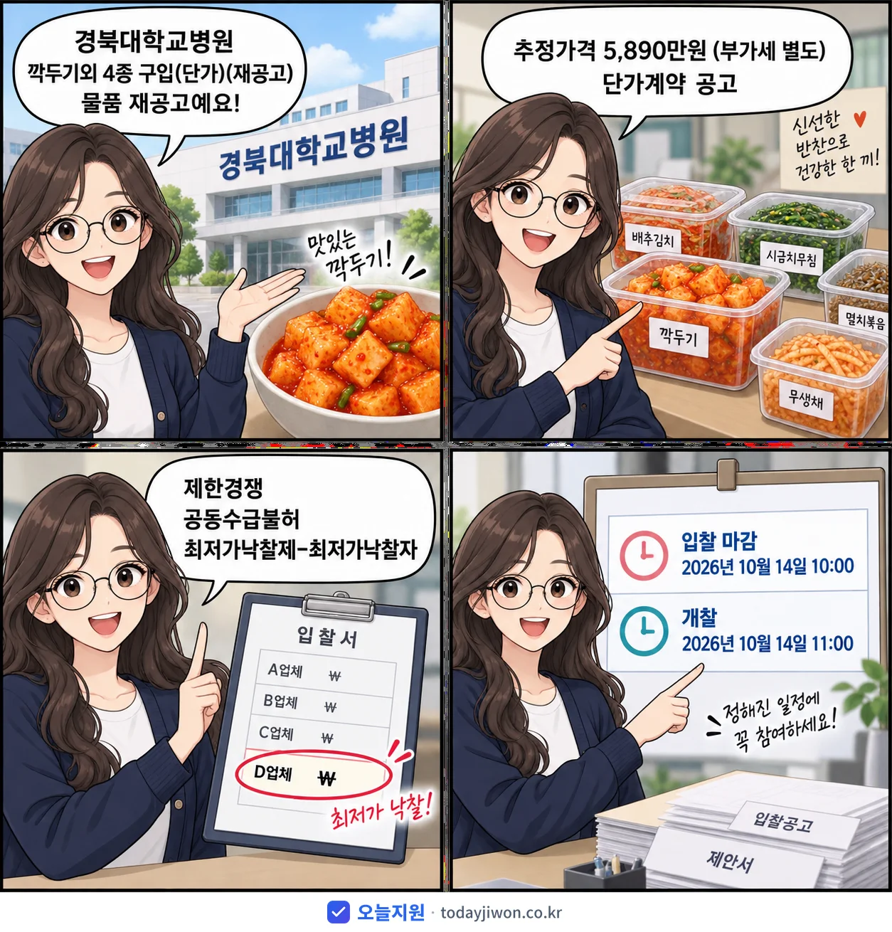 4컷 만화로 보는 공고: 경북대학교병원 '깍두기외 4종 구입', 추정가격 5,890만원, 입찰 마감 10/14 10:00