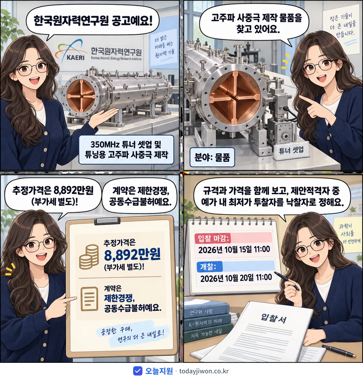 4컷 만화로 보는 공고: 한국원자력연구원 '350MHz 튜너 셋업 및 튜닝용 고주파 사중극 제작', 추정가격 8,892만원, 입찰 마감 10/15 11:00