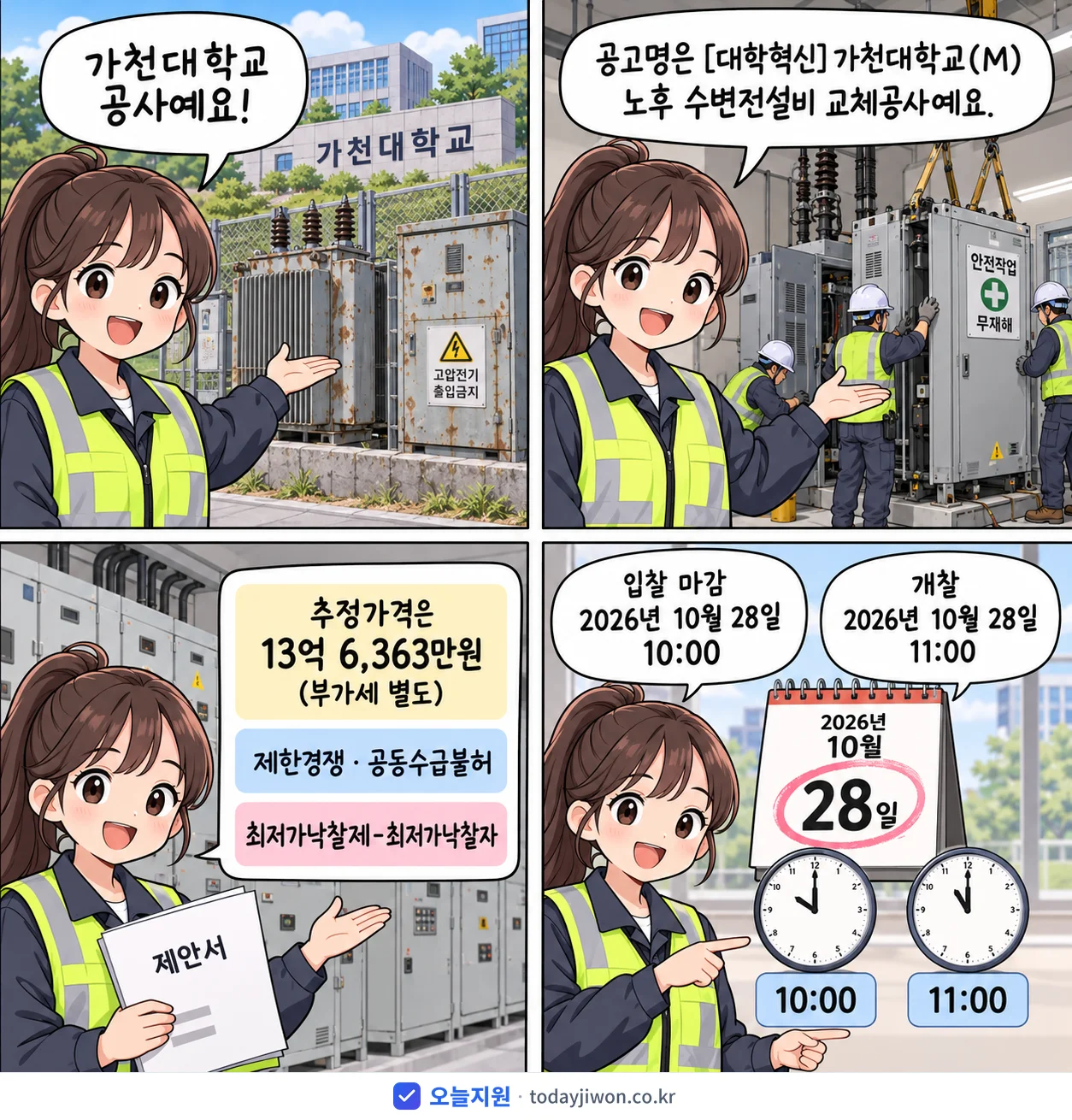 4컷 만화로 보는 공고: 가천대학교 '가천대학교(M) 노후 수변전설비 교체공사', 추정가격 13억 6,363만원, 입찰 마감 10/28 10:00