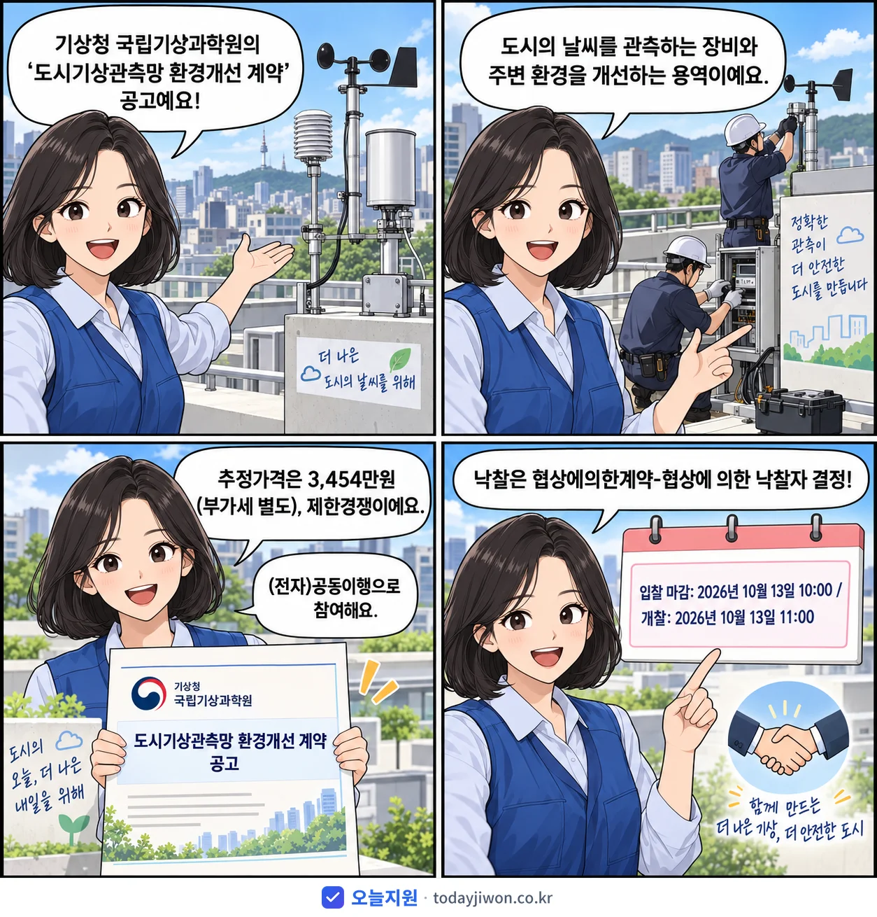 4컷 만화로 보는 공고: 기상청 국립기상과학원 '도시기상관측망 환경개선 계약', 추정가격 3,454만원, 입찰 마감 10/13 10:00