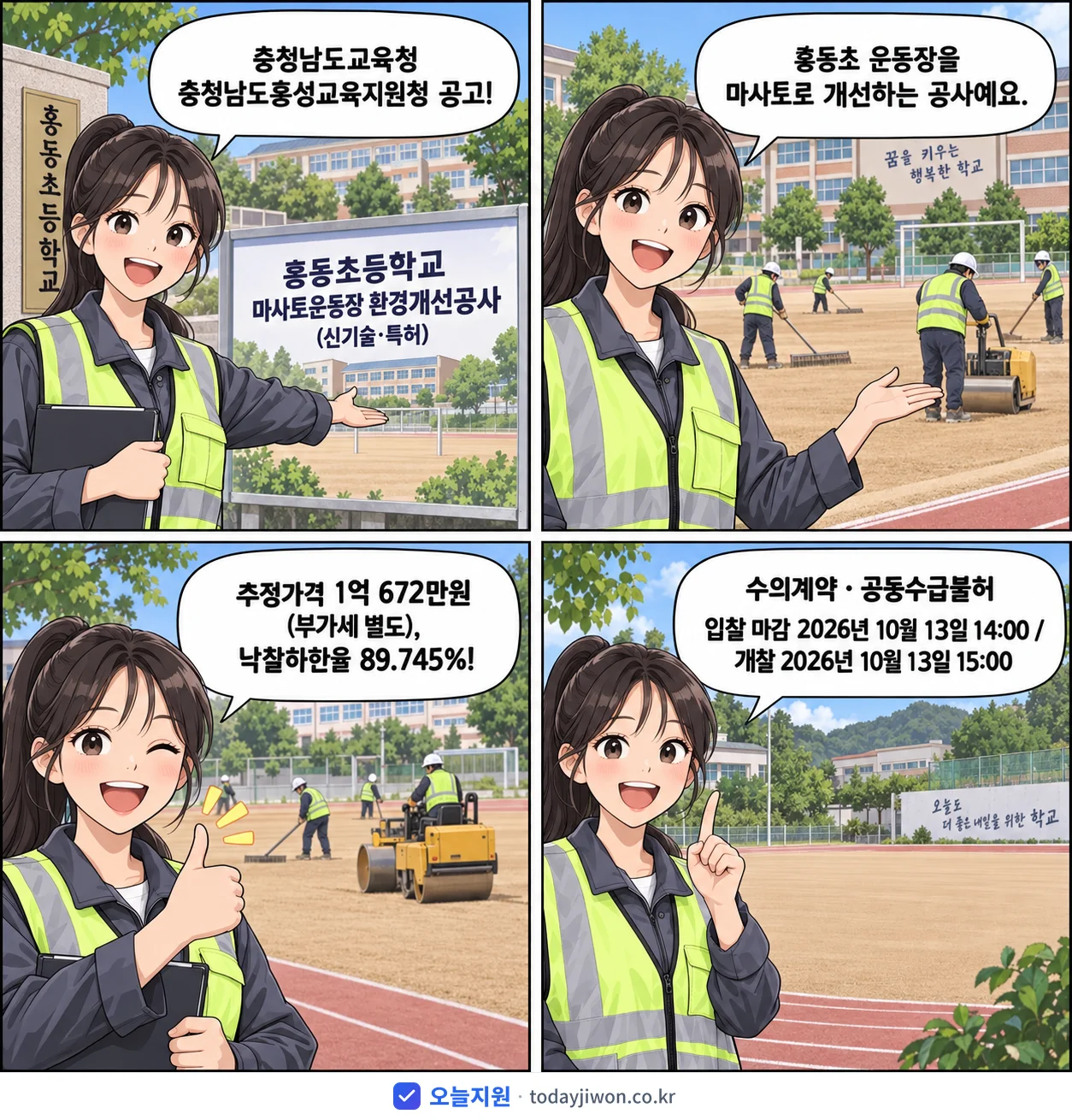 4컷 만화로 보는 공고: 충청남도교육청 충청남도홍성교육지원청 '홍동초등학교 마사토운동장 환경개선공사(신기술·특허)', 추정가격 1억 672만원, 입찰 마감 10/13 14:00