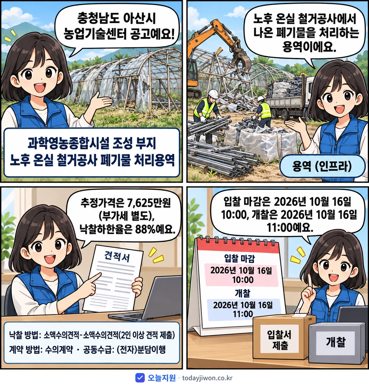 4컷 만화로 보는 공고: 충청남도 아산시 농업기술센터 '과학영농종합시설 조성 부지 노후 온실 철거공사 폐기물 처리용역', 추정가격 7,625만원, 입찰 마감 10/16 10:00
