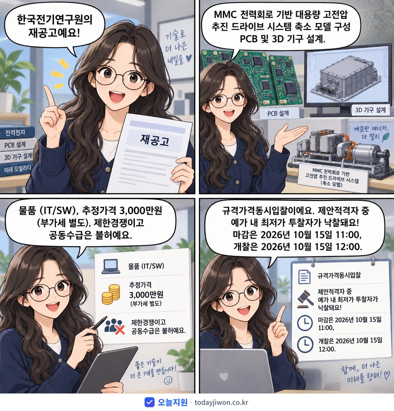 4컷 만화로 보는 공고: 한국전기연구원 'MMC 전력회로 기반 대용량 고전압 추진 드라이브 시스템 축소 모델 구…', 추정가격 3,000만원, 입찰 마감 10/15 11:00