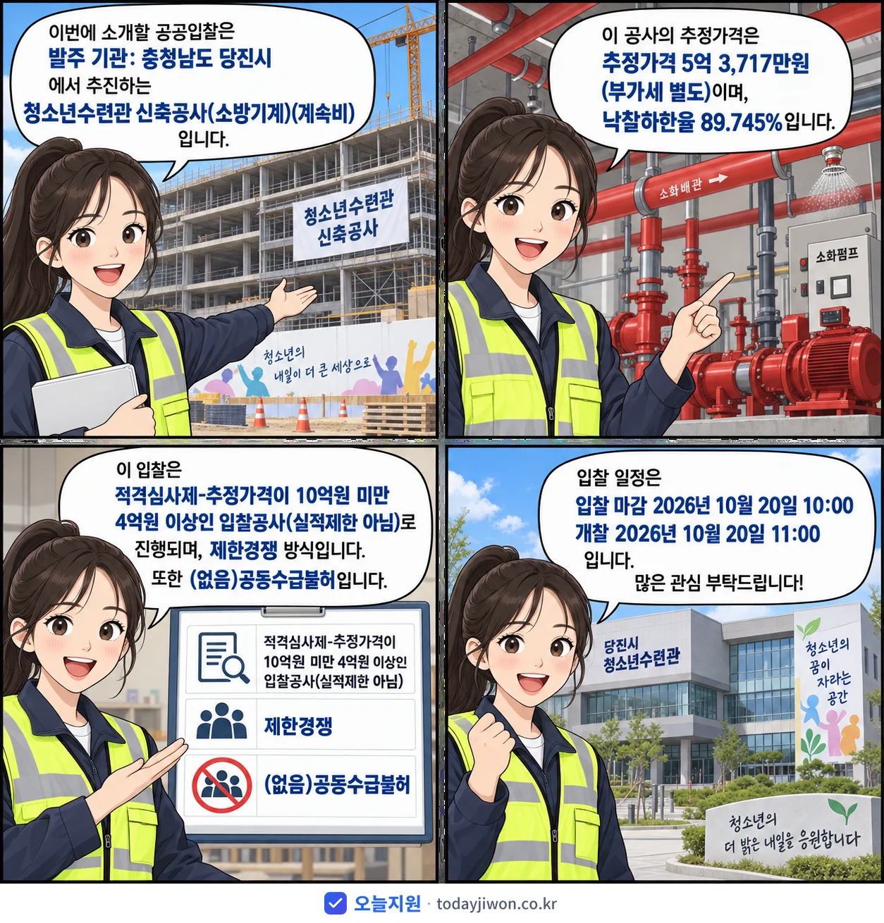 4컷 만화로 보는 공고: 충청남도 당진시 '청소년수련관 신축공사(소방기계)(계속비)', 추정가격 5억 3,717만원, 입찰 마감 10/20 10:00
