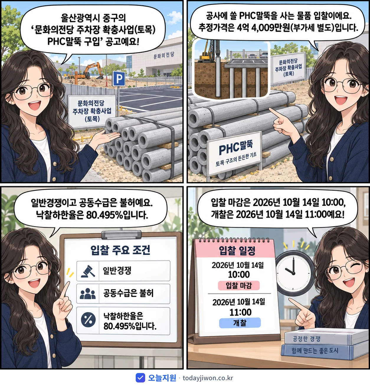 4컷 만화로 보는 공고: 울산광역시 중구 '문화의전당 주차장 확충사업(토목) PHC말뚝 구입', 추정가격 4억 4,009만원, 입찰 마감 10/14 10:00