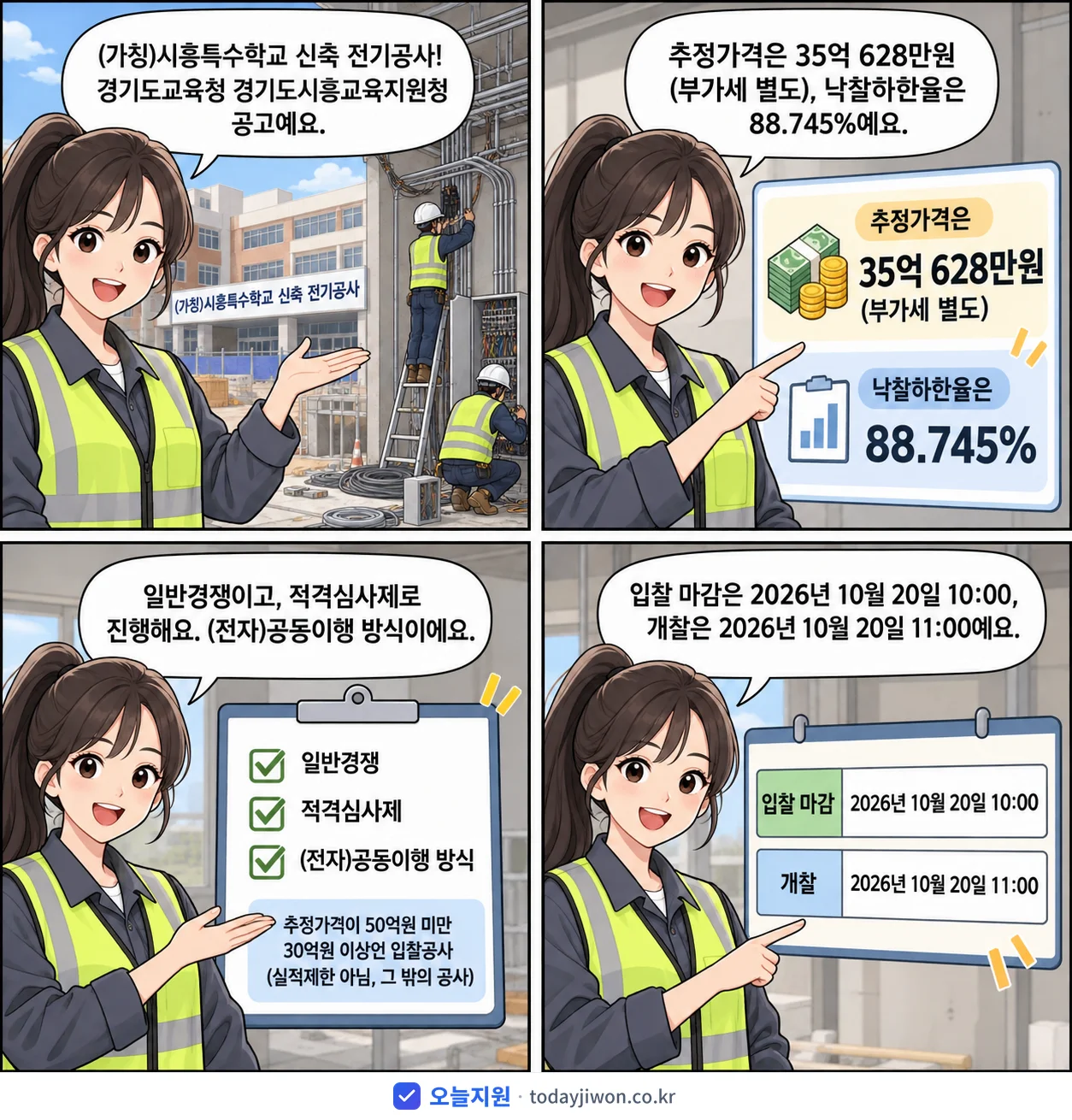 4컷 만화로 보는 공고: 경기도교육청 경기도시흥교육지원청 '(가칭)시흥특수학교 신축 전기공사', 추정가격 35억 628만원, 입찰 마감 10/20 10:00
