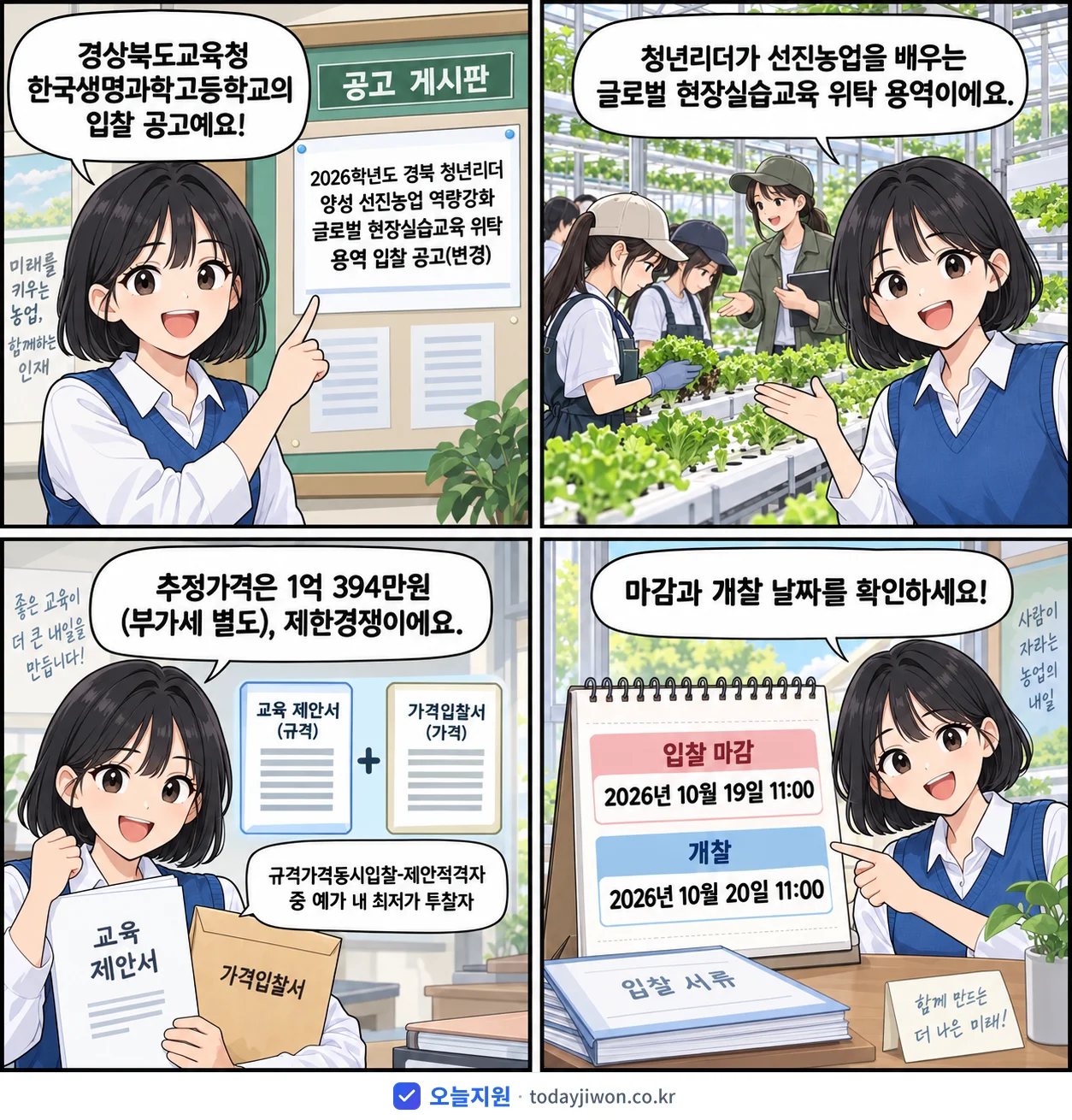4컷 만화로 보는 공고: 경상북도교육청 한국생명과학고등학교 '학년도 경북 청년리더 양성 선진농업 역량강화 글로벌 현장실습교육 위탁…', 추정가격 1억 394만원, 입찰 마감 10/19 11:00